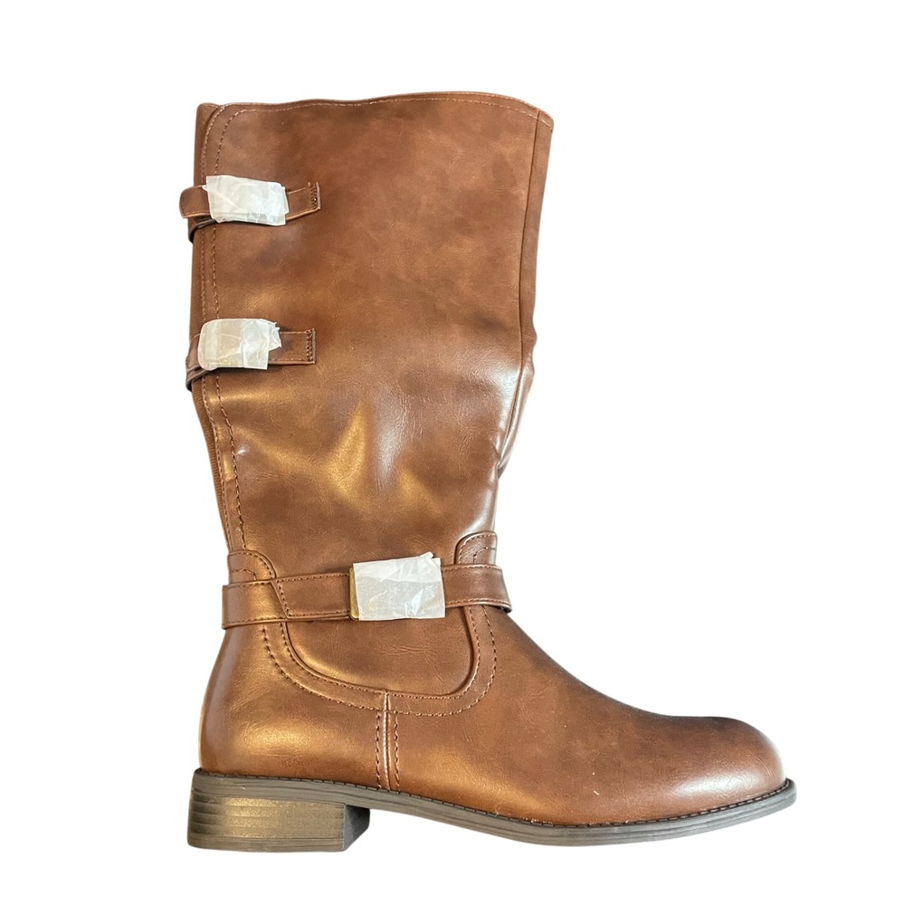 Burudani‎ Brown Oily Tall Riding Boots Triple Buckle Side Zip US 9 New In Box